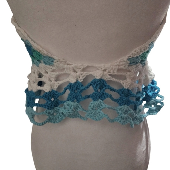 Handmade Granny Square Crochet Halter Top Mermaidcore Boho Criss-cross Icy Blue - Picture 12 of 17